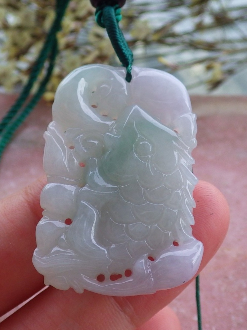 Certified Natural Myanmar Burma A Jade Jadeite Fish Lotus Leaf Pendant Necklace